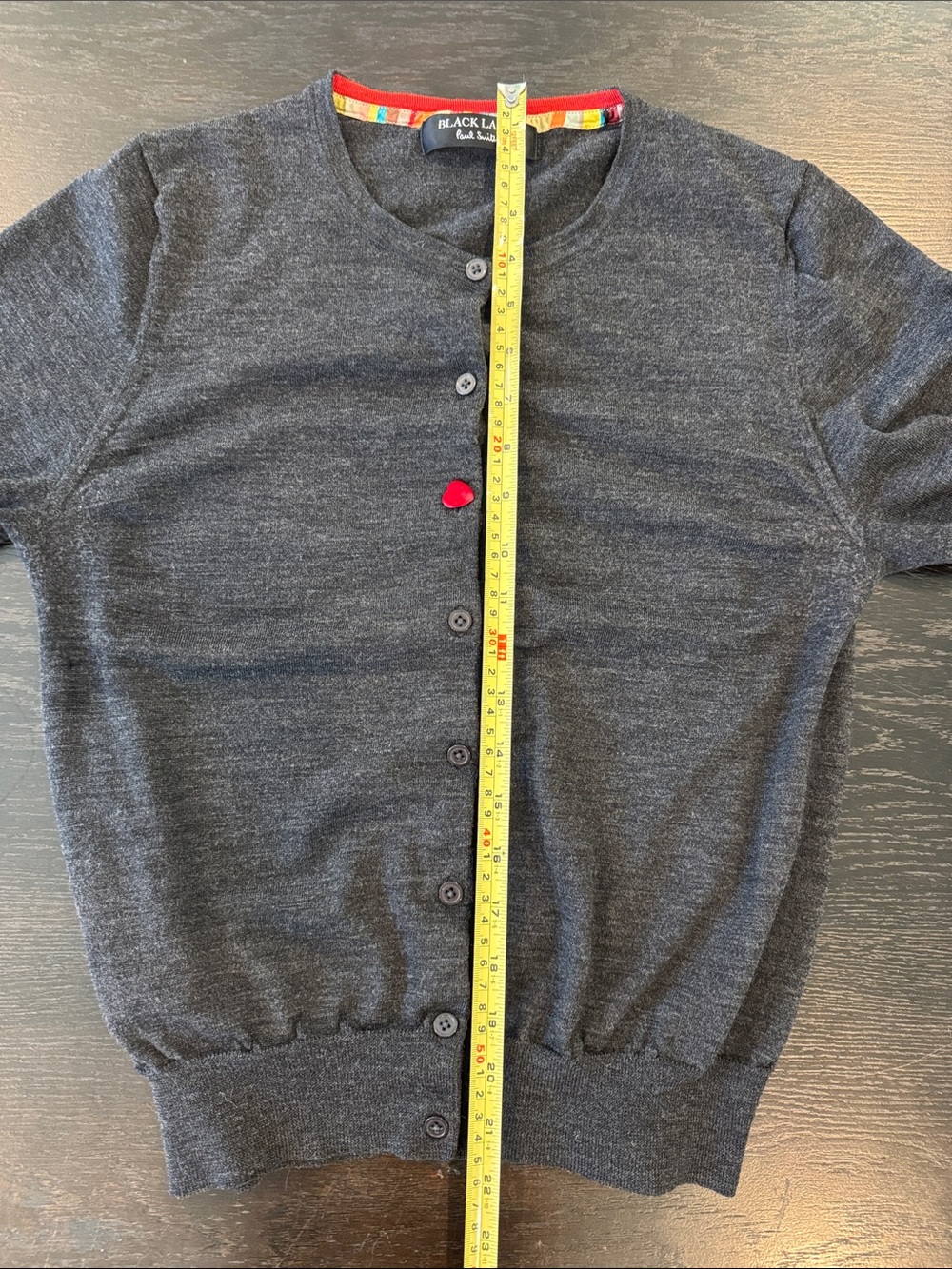 Paul Smith Black Label Charcoal Gray Cardigan with Red Heart Button - Picture 6 of 7